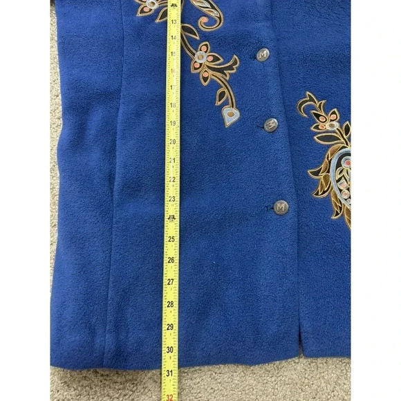 BOB MACKIE Wearable Art Fleece Jacket Blue Embroidered Floral Large Soft Office - Picture 12 of 12